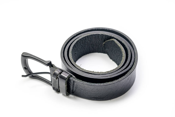Mens black genuine leather belt Isolated over white background with clipping path included - Photo, Image