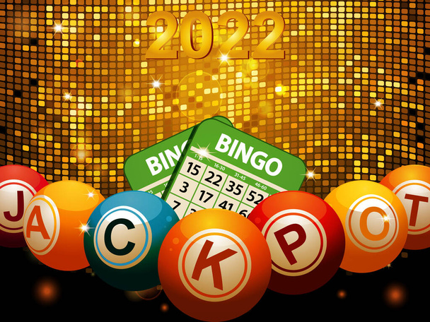 Bingo Balls Stating Word Jackpot ja Bingo kortit yli Disco laatat Kimaltava Gold Wall 2022 uusi vuosi päivämäärä - Vektori, kuva