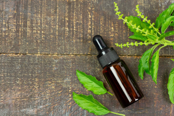 Basil or Tulsi Essential Oil in bottle with Branch of Basil and leaf on rustic wooden background, top view. - Foto, Imagem