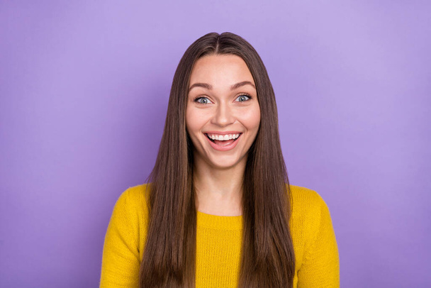 Photo of young charming cheerful girl watch comedy show humorous isolated over violet color background - Φωτογραφία, εικόνα