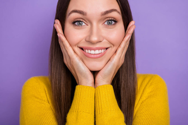 Cropped photo of young lovely lady arms touch cheeks toothy smile whitening isolated over violet color background - Photo, Image