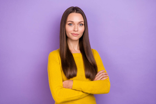 Photo of young charming woman folded hands employee boss clever isolated over violet color background - Foto, Imagen
