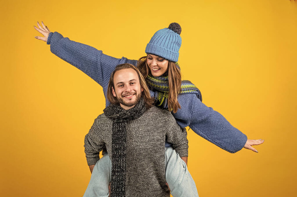 happy family couple wear knitted clothes in winter, friendship - Fotó, kép