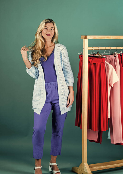 pretty woman choosing clothes in fashion boutique, wardrobe - Φωτογραφία, εικόνα