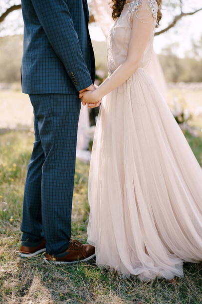 Groom and bride are holding hands while standing on the grass. Close-up - Photo, Image
