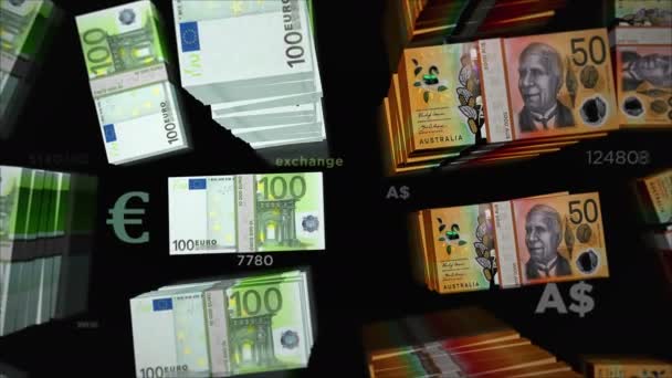 Euro and Australia Dollar money exchange. Paper banknotes pack bundle. Concept of trade, economy, competition, crisis, conflict, rivalry and finance. Notes loopable seamless 3d animation. - Footage, Video
