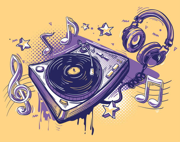 Hand drawn music design graffiti - musical notes, turntable and headphones - Vector, Imagen
