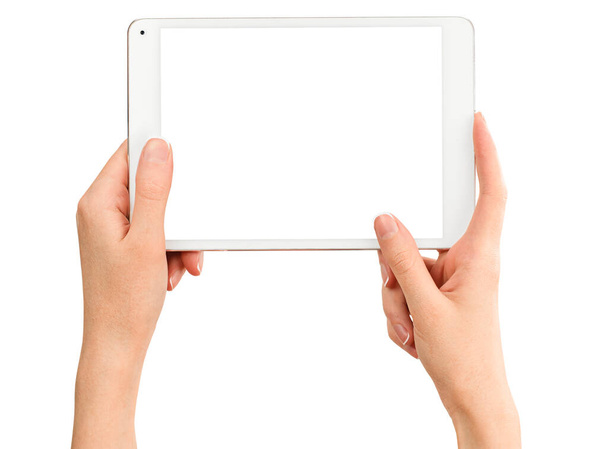 жіночі руки тримають планшетний комп'ютер на ізольованому білому тлі
 - Фото, зображення