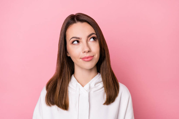 Portrait of attractive minded curious girl overthinking creating making decision isolated over pink pastel color background - Photo, image