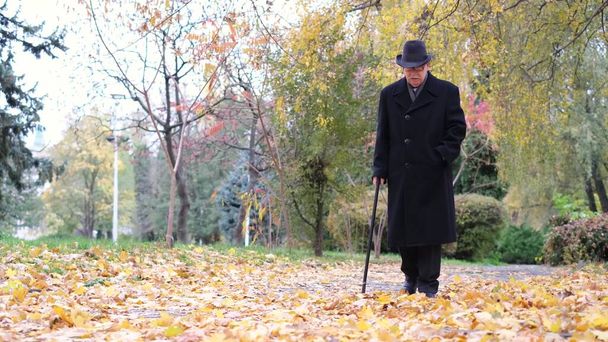 Een oudere grootvader in een zwarte jas met een stok wandelingen in de herfst park. - Foto, afbeelding
