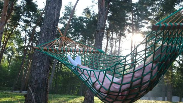 Beautiful girl resting in a hammock in a pine forest in summer. - Photo, Image