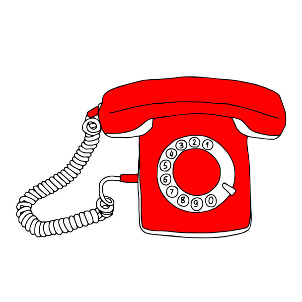 Illustration vectorielle rouge dessinée à la main d'un vieux téléphone rétro isolé sur fond blanc - Vecteur, image