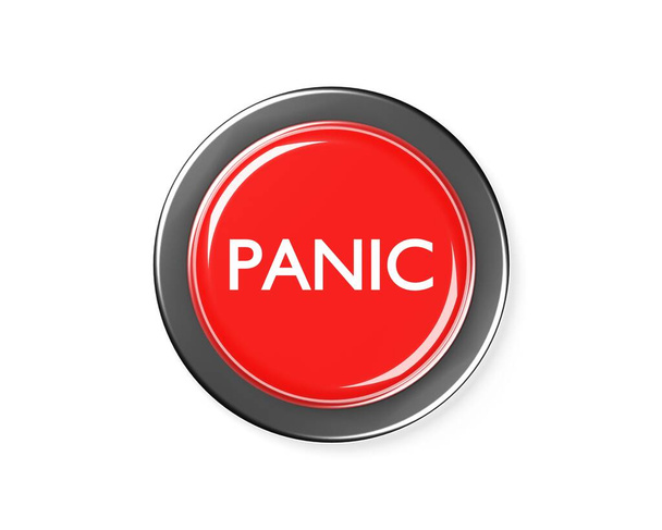 Red panic push button over white background, emergency, security or safety concept, flat lay top view from above, 3D illustration - Φωτογραφία, εικόνα
