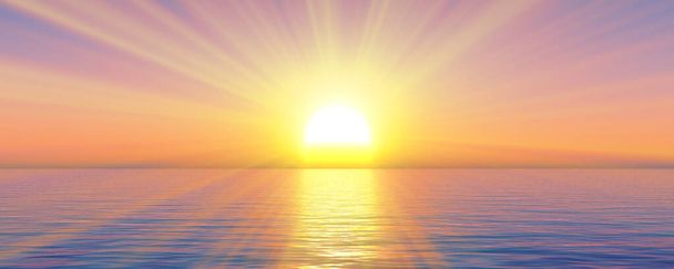 ηλιοβασίλεμα θάλασσα ηλιαχτίδα καθαρό ουρανό, 3D απεικόνιση απόδοση - Φωτογραφία, εικόνα