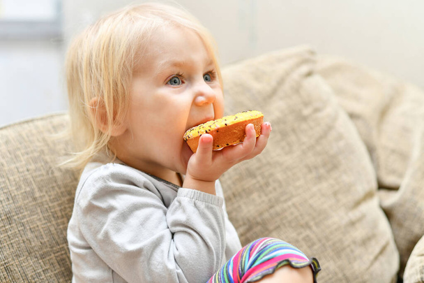 Little child eating a donut with frosting while sitting on the couch. - Foto, Imagem