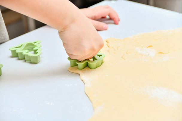 A child with small hands makes different figures from rolled dough for baking in the oven. - Foto, imagen