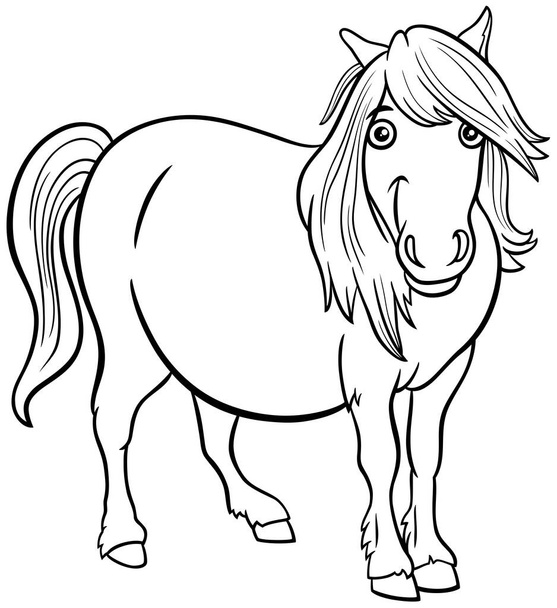 Black and white cartoon illustration of shetland pony farm animal character coloring book page - Вектор,изображение