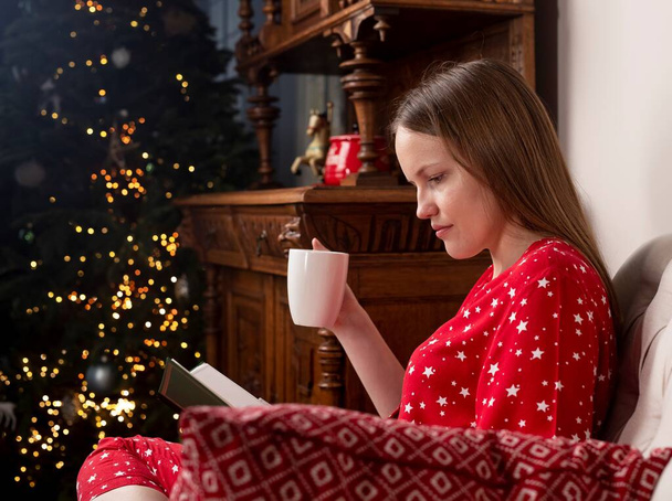 Woman with tea cup in hands, sitting in chair at cozy home with fir tree on Christmas holidays - Foto, imagen