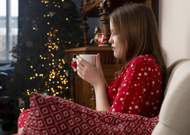 Woman with tea cup in hands, sitting in chair at cozy home with fir tree on Christmas holidays - 写真・画像