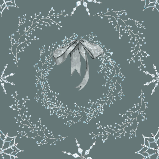 Watercolor Christmas crystal snowflakes seamless pattern digital paper illustration - Photo, Image