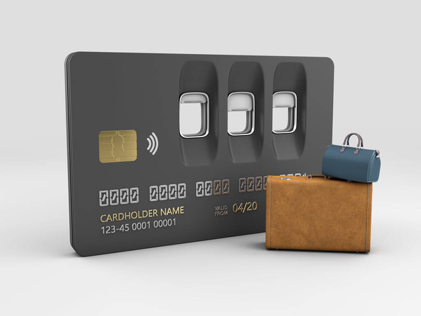 3d Rendering of Airplane window credit card and baggage isolated on black background. Recorte de ruta incluido - Foto, Imagen