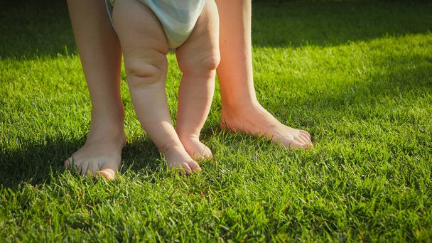 夏の晴れた日に公園で新鮮な緑の芝生の芝生の上に立つ大人と赤ちゃんの足の閉鎖 - 写真・画像