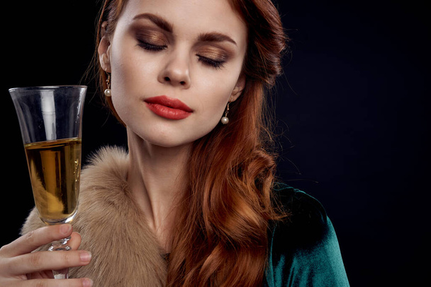 beautiful woman champagne bright makeup holiday Black background - Fotografie, Obrázek