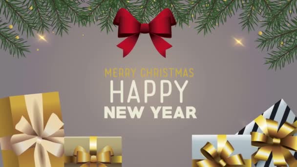 onnellista uutta vuotta kirjoitus lahjoja ja punainen keula - Materiaali, video