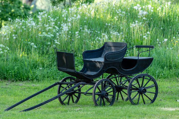 緑の夏の背景を持つ木材で作られた車輪付きの古い黒い馬の馬車やコーチ - 写真・画像