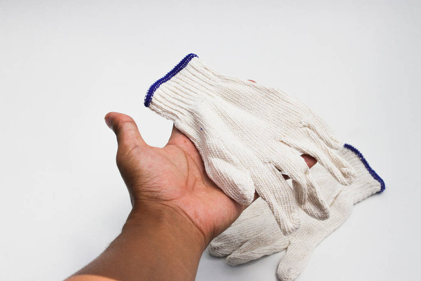 White Gardening gloves on hand isolated on white background - Photo, Image