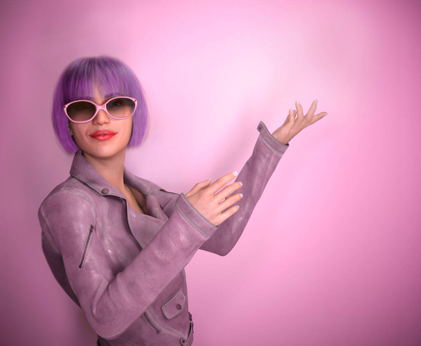 Женщина в очках чувствует себя счастливой, двигаясь в студии на розовом фоне. веселый человек улыбается и танцует. 3D иллюстрация - Фото, изображение