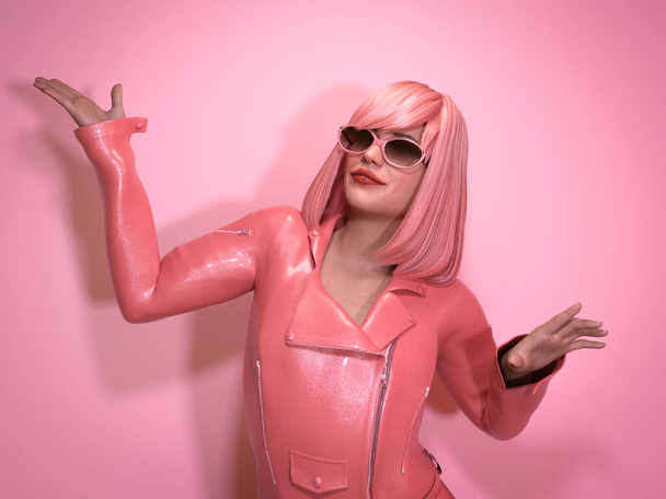Frau mit Brille, die sich glücklich fühlt, während sie sich im Studio auf rosa Hintergrund bewegt. fröhliche Person, die lächelt und Tanzbewegungen macht. 3D-Illustration - Foto, Bild