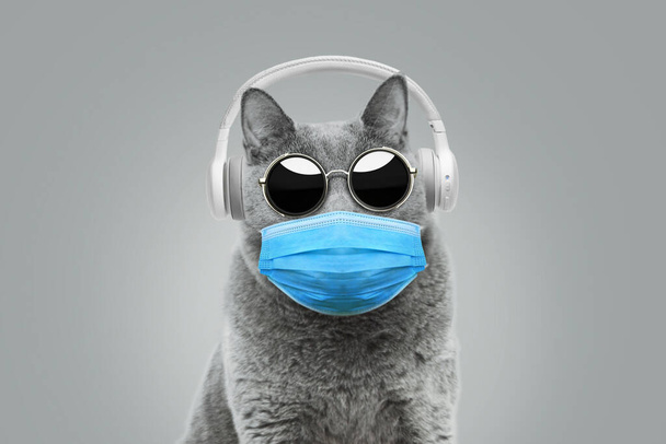 grappige hipster kat met zonnebril in een medisch masker luistert naar muziek met witte hoofdtelefoon. Pandemisch en coronavirus concept. Creatief idee van virusbescherming - Foto, afbeelding