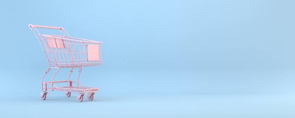 Pink shopping cart 3D rendering illustration isolated on blue background - Photo, Image