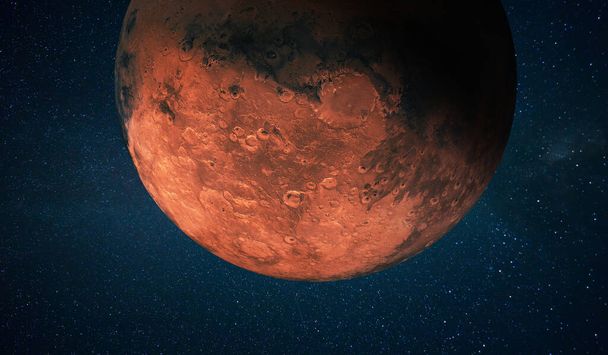 Uzayda yıldızlı kraterleri olan kızıl gezegen Mars. Uzay duvar kağıdı konsepti - Fotoğraf, Görsel