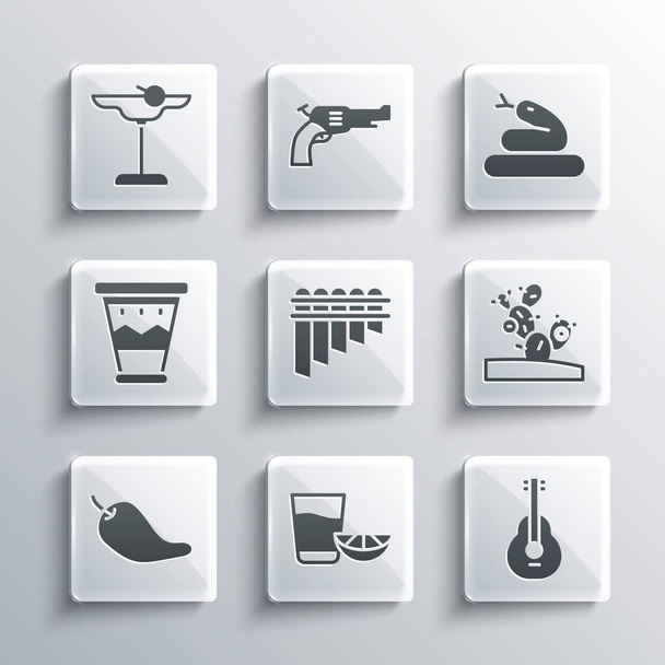 Set Tequila glass with lemon, Mexican guitar, Cactus, Pan flute, Hot chili pepper pod, drum, Margarita cocktail and Snake icon. Vector - Вектор, зображення