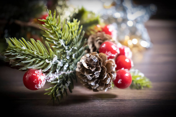 festive christmas background, candle, christmas tree branch - Foto, Imagen