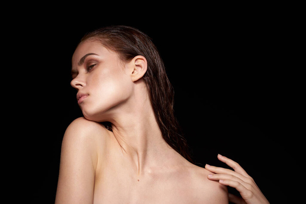 beautiful woman emotions gesture hands bare shoulders close-up - Фото, изображение