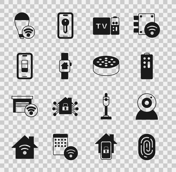 Set Fingerprint, Web kamera, Dálkové ovládání, Multimédia a TV přijímač, Smart home s chytrými hodinkami, nabíjení baterie Smartphone, žárovka a čidlo vody ikona. Vektor - Vektor, obrázek