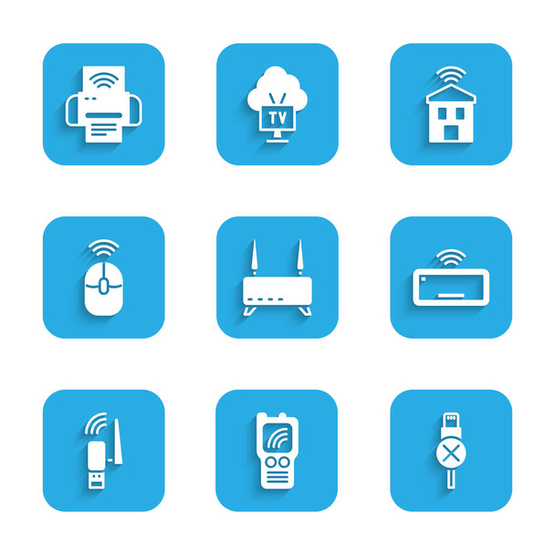 Set Router and wi-fi signal, Walkie talkie, No usb cable cord, Computer keyboard, Usb wireless adapter, Wireless computer mouse, Smart home with and printer system icon. Vector - Vector, Image