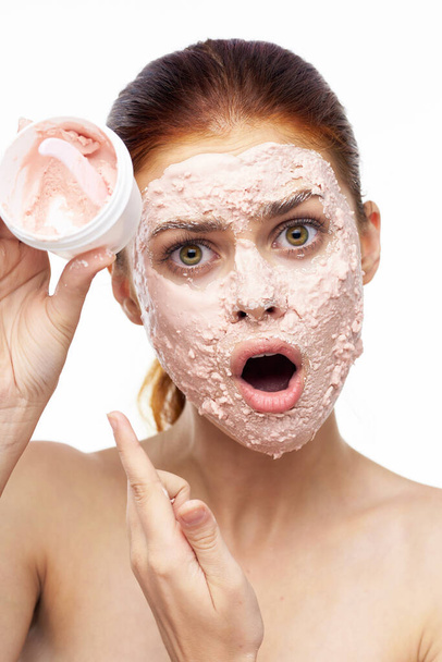 emotional woman cream face mask bare shoulders health - Foto, Imagem