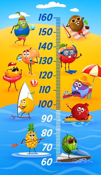 Lasten korkeus kaavio, hauska sarjakuva hedelmiä kesälomalla. Vektorin kasvunmittausmittari hallitsijan asteikolla trooppisella rannalla. Omena, ananas, vesimeloni ja sitruuna, garnetti, luumu, päärynä, persikka ja kiivi - Vektori, kuva