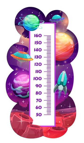 Carte de hauteur pour enfants avec planètes d'espace de dessin animé, mètre de mesure vectoriel et échelle de taille pour enfants. Carte de la hauteur des enfants avec navettes de fusées dans l'espace galactique et extraterrestres OVNI sur la planète galactique avec cratères de météorite - Vecteur, image