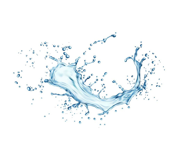 Transparent water wave splash with drops. Clean aqua, fresh and natural water, 3d vector transparent liquid falling splash, swirl with splatters and drops. Pure blue water ripple, drip frozen motion - Vector, Image