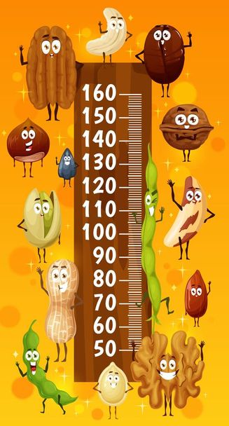 Lasten korkeus kaavio hauska pähkinät ja siemenet merkkiä, vektori kasvumittari. Lapset pitkä toimenpide kaavio tai vauvan koon hallitsija sarjakuva pähkinä, maapähkinä ja manteli, cashew, pistaasi ja auringonkukansiemenet - Vektori, kuva