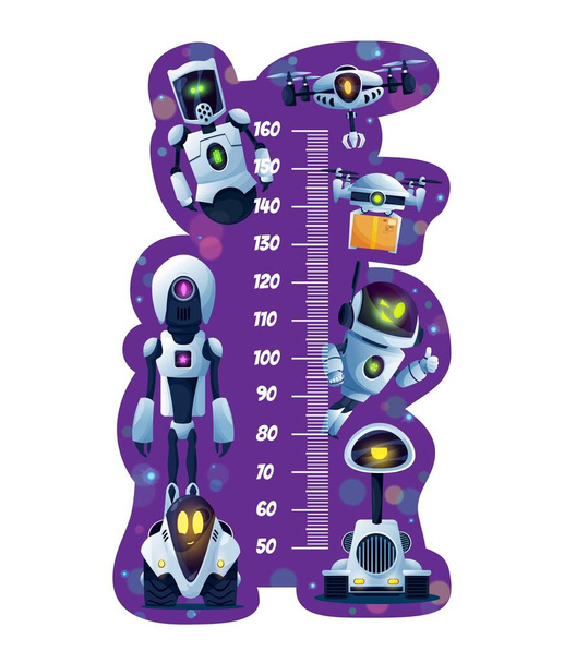 Grafico di altezza dei bambini, misuratore di crescita robot dei cartoni animati. Carino ai bot, drone e androidi umanoidi. Stadiometro da parete vettoriale con scala per la misurazione dell'altezza per bambini con cyborg divertenti, righello da parete - Vettoriali, immagini