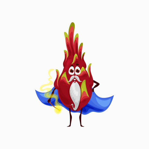 Dragonfruit mago personaje de dibujos animados con varita mágica y capa aislado lindo emoticono con bigotes. Vector exótico mago pitaya, brujo kawaii fruta fresca con barba, fruta de dragón lindo - Vector, Imagen
