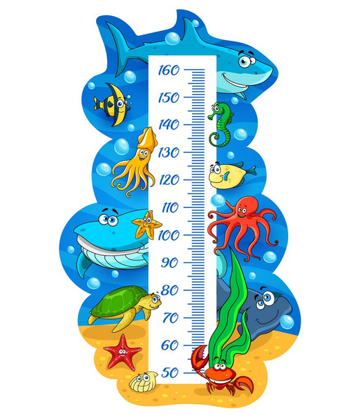 Kinderen hoogte kaart met cartoon zeedieren en vis. Vector groeimeter liniaal of kinderen stadiometer met oceaanhaai, octopus en walvis, krab en fugu vis, inktvis, zeepaardje en hamerhaai - Vector, afbeelding
