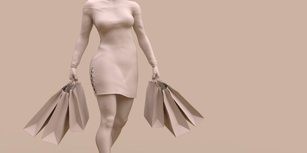 Shopper with shopping concept 3d illustration in beige color - Φωτογραφία, εικόνα