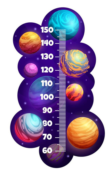 Carte de la hauteur des enfants, planètes spatiales galaxie dessin animé et compteur de croissance des étoiles. Échelle de règle de stadiomètre vectoriel pour les enfants avec un monde extraterrestre fantastique. Univers, espace et astronomie - Vecteur, image